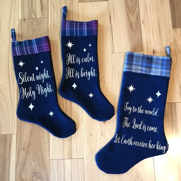 Denim Christmas Stocking: Old Fashioned Holiday Home Decor, Joy to the World - Picture 3 of 6